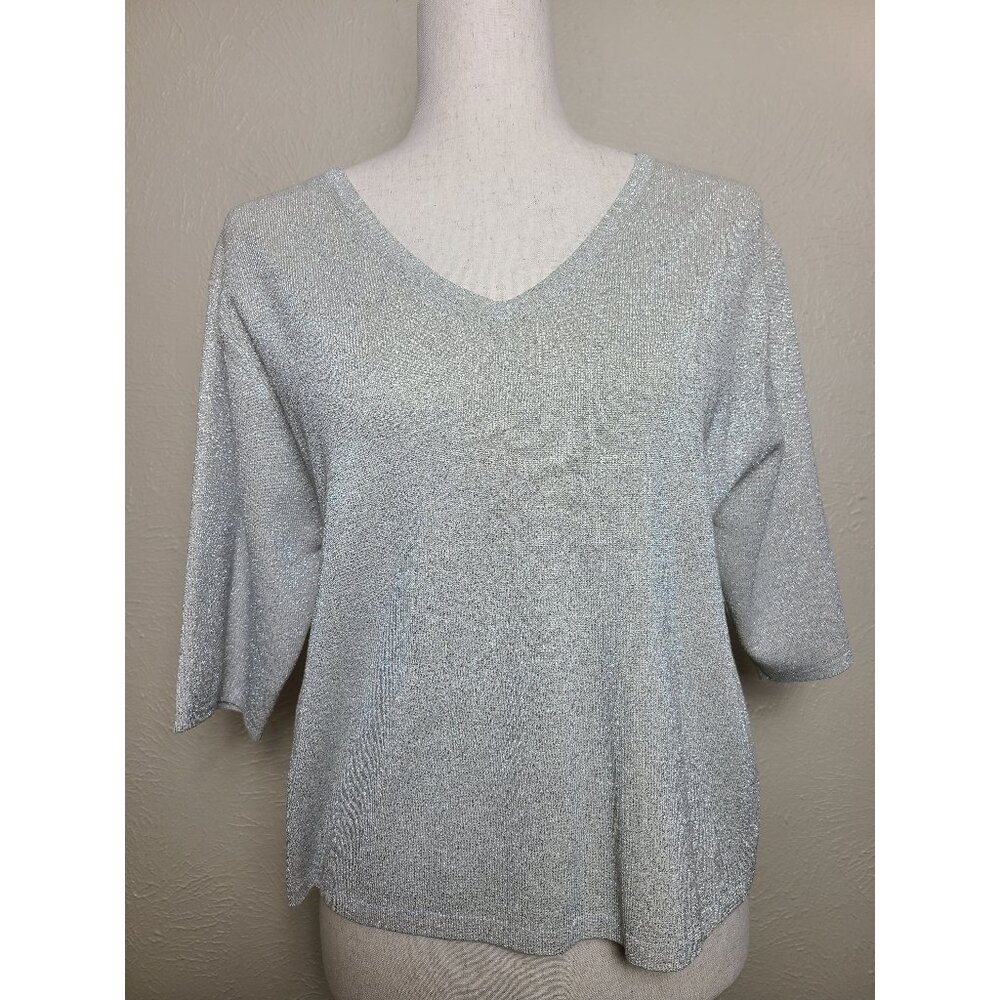 Ashley Hill Womens Short Sleeves Shirt Top Silver Shimmer Size XL A333